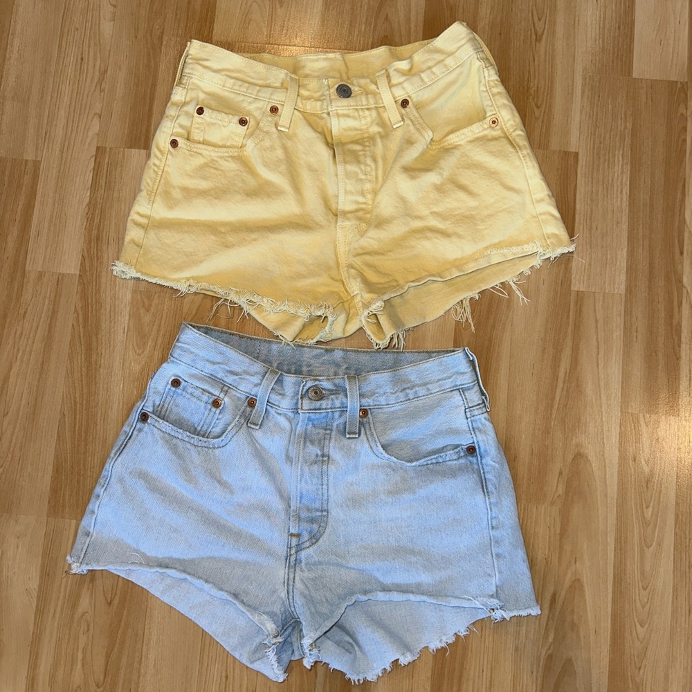 Levi's 501 Women's Raw Hem Shorts Size 25 Yellow & Blue Button Fly Lot Of 2